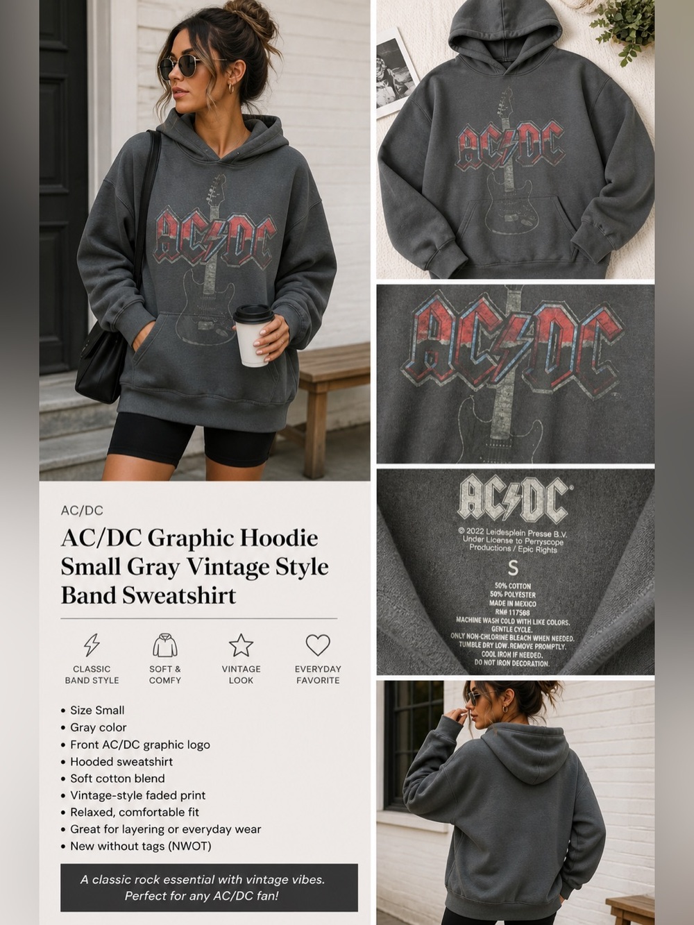 AC/DC Graphic Hoodie Small Gray Vintage‎ Style Band Sweatshirt Rock Tee Hooded